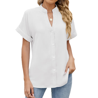Solid Color And V-neck Loose Short Sleeve Button Shirt Chiffon Shirt