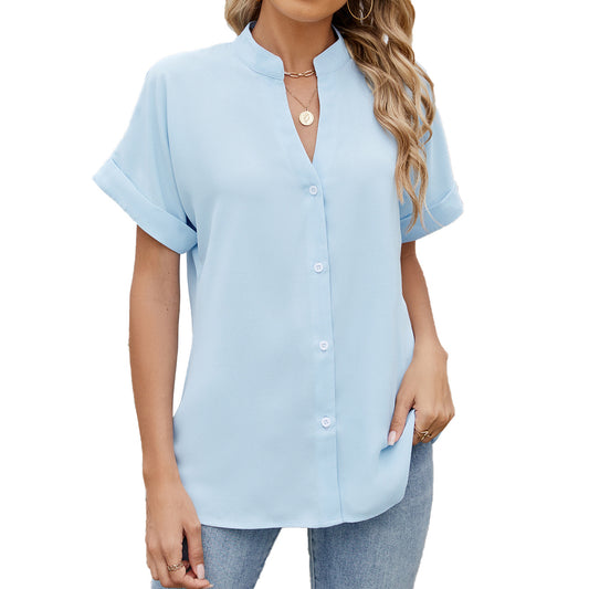 Solid Color And V-neck Loose Short Sleeve Button Shirt Chiffon Shirt