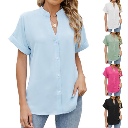 Solid Color And V-neck Loose Short Sleeve Button Shirt Chiffon Shirt